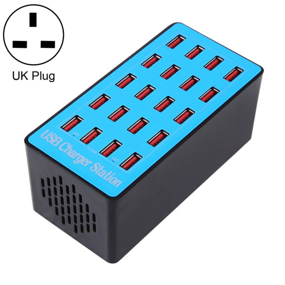 WLX-A5+ 100W 20 USB Ports Charger Station Automatically Assigned Smart Charger with Power LED Indicator, UK Plug