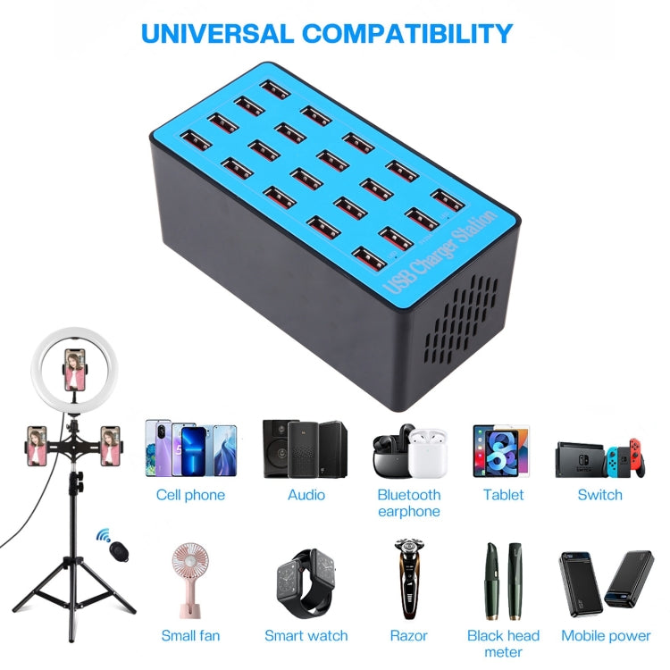 WLX-A5+ 100W 20 USB Ports Charger Station Automatically Assigned Smart Charger with Power LED Indicator, US Plug