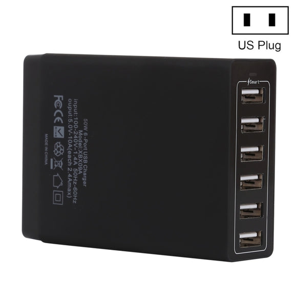 XBX09A 50W 5V 2.4A 6 USB Ports Quick Charger Travel Charger(Black)