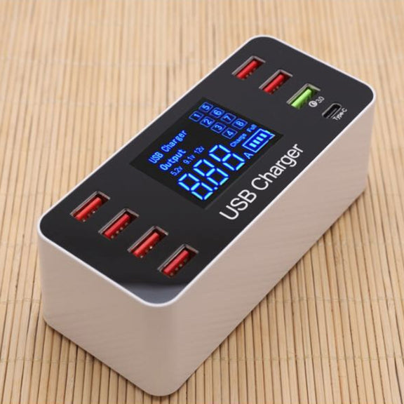 A9+ Multi-function AC 100V~240V 8 Ports USB Digital Display LCD Detachable Charging Station Smart Charger,Support QC3.0(White)