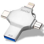 4 in 1 8GB USB 3.0 + 8 Pin + Mirco USB + USB-C / Type-C Dual-use Flash Drive with OTG Function