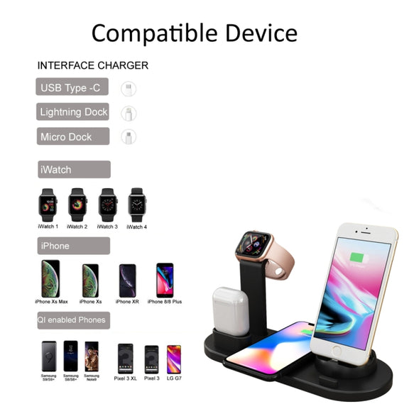 HQ-UD15 5 in 1 8 Pin + Micro USB + USB-C / Type-C Interfaces + 8 Pin Earphone Charging Interface + Wireless Charging Charger Base with Watch Stand (Black)