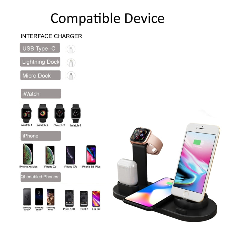 HQ-UD15 5 in 1 8 Pin + Micro USB + USB-C / Type-C Interfaces + 8 Pin Earphone Charging Interface + Wireless Charging Charger Base with Watch Stand (Black)