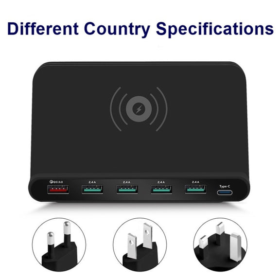 828W 7 in 1 60W QC 3.0 USB Interface + 4 USB Ports + USB-C / Type-C Interface + Wireless Charging Multi-function Charger with Mobile Phone Holder Function, AU Plug(Black)
