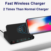 828W 7 in 1 60W QC 3.0 USB Interface + 4 USB Ports + USB-C / Type-C Interface + Wireless Charging Multi-function Charger with Mobile Phone Holder Function, AU Plug(Black)