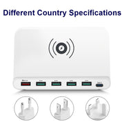 828W 7 in 1 60W QC 3.0 USB Interface + 4 USB Ports + USB-C / Type-C Interface + Wireless Charging Multi-function Charger with Mobile Phone Holder Function, AU Plug(White)