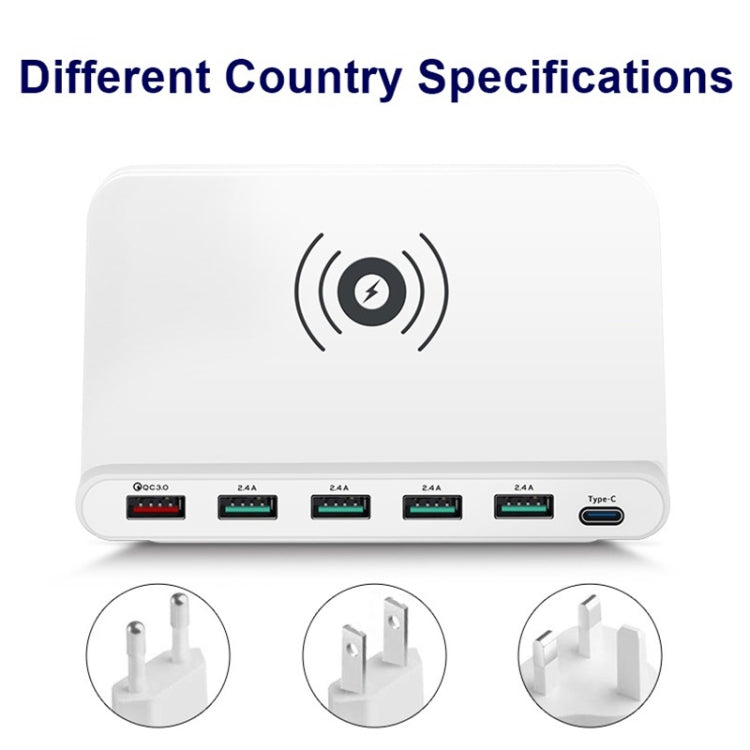 828W 7 in 1 60W QC 3.0 USB Interface + 4 USB Ports + USB-C / Type-C Interface + Wireless Charging Multi-function Charger with Mobile Phone Holder Function, AU Plug(White)