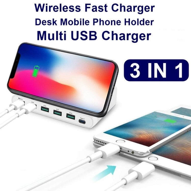 828W 7 in 1 60W QC 3.0 USB Interface + 4 USB Ports + USB-C / Type-C Interface + Wireless Charging Multi-function Charger with Mobile Phone Holder Function, AU Plug(White)