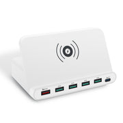 828W 7 in 1 60W QC 3.0 USB Interface + 4 USB Ports + USB-C / Type-C Interface + Wireless Charging Multi-function Charger with Mobile Phone Holder Function, UK Plug(White)