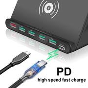 828W 7 in 1 60W QC 3.0 USB Interface + 4 USB Ports + USB-C / Type-C Interface + Wireless Charging Multi-function Charger with Mobile Phone Holder Function, UK Plug(White)
