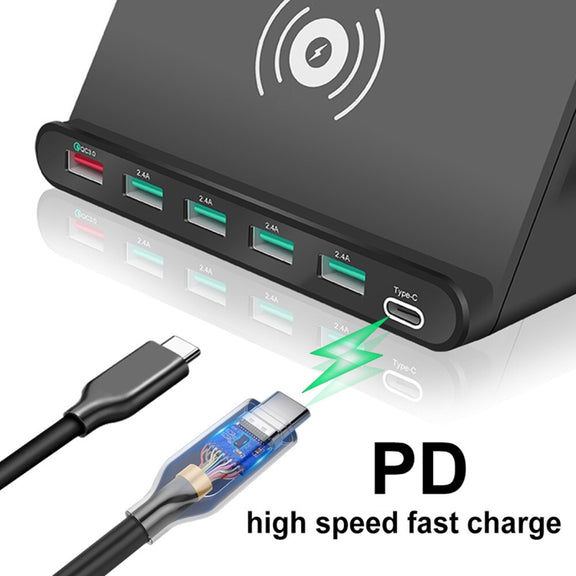828W 7 in 1 60W QC 3.0 USB Interface + 4 USB Ports + USB-C / Type-C Interface + Wireless Charging Multi-function Charger with Mobile Phone Holder Function, UK Plug(White)