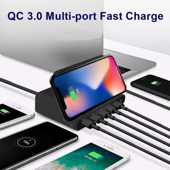 828W 7 in 1 60W QC 3.0 USB Interface + 4 USB Ports + USB-C / Type-C Interface + Wireless Charging Multi-function Charger with Mobile Phone Holder Function, UK Plug(White)