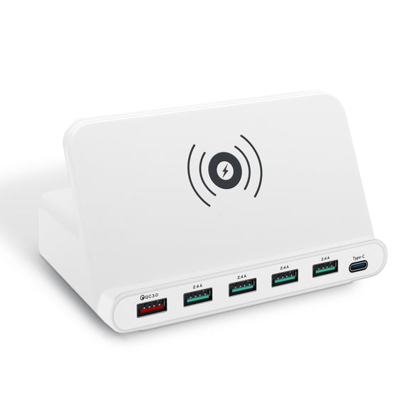 828W 7 in 1 60W QC 3.0 USB Interface + 4 USB Ports + USB-C / Type-C Interface + Wireless Charging Multi-function Charger with Mobile Phone Holder Function, US Plug(White)