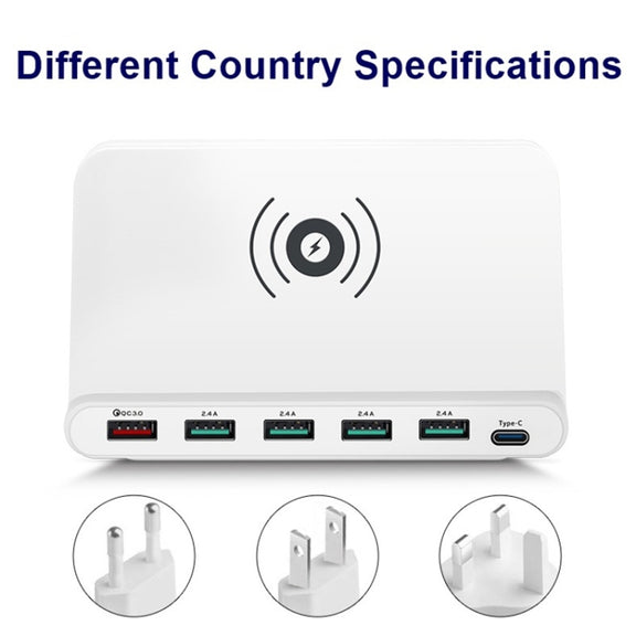 828W 7 in 1 60W QC 3.0 USB Interface + 4 USB Ports + USB-C / Type-C Interface + Wireless Charging Multi-function Charger with Mobile Phone Holder Function, US Plug(White)