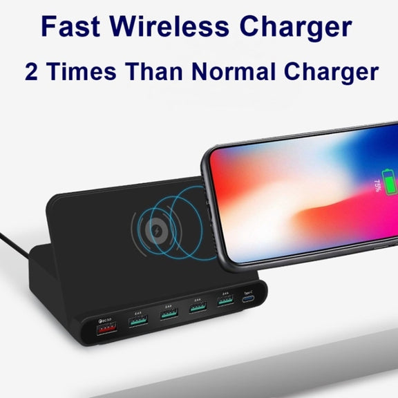 828W 7 in 1 60W QC 3.0 USB Interface + 4 USB Ports + USB-C / Type-C Interface + Wireless Charging Multi-function Charger with Mobile Phone Holder Function, US Plug(White)