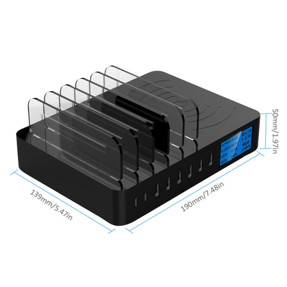 50W 6 USB Ports + 2 USB-C / Type-C Ports + Wireless Charging Multi-function Charger with LED Display & Detachable Bezel, US Plug