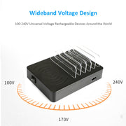 50W 6 USB Ports + 2 USB-C / Type-C Ports + Wireless Charging Multi-function Charger with LED Display & Detachable Bezel, US Plug