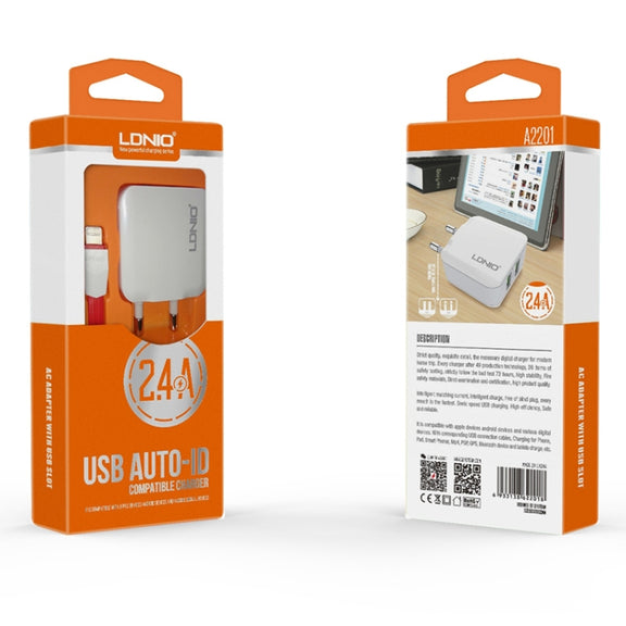 LDNIO A2201 2.4A Dual USB Charging Head Travel Direct Charge Mobile Phone Adapter Charger With Micro Data Cable (US Plug)