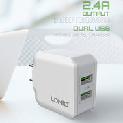 LDNIO A2201 2.4A Dual USB Charging Head Travel Direct Charge Mobile Phone Adapter Charger With Type-C Data Cable (US Plug)