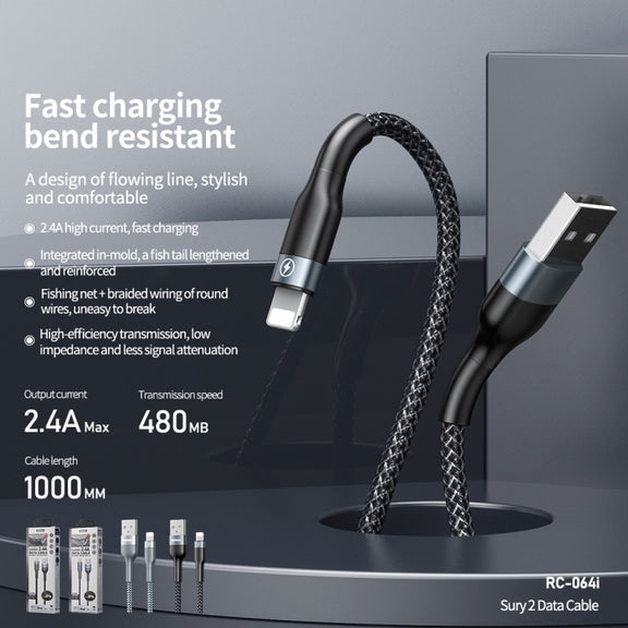 REMAX RC-064i Sury 2 Series 1m 2.4A USB to 8 Pin Data Cable for iPhone, iPad(Black)