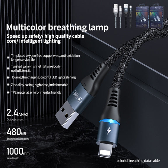 REMAX RC-152I 1m 2.4A USB to 8 Pin Colorful Breathing Data Cable(Black)