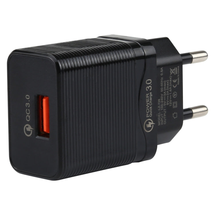 LZ-728 2 in 1 18W QC 3.0 USB Interface Travel Charger + USB to 8 Pin Data Cable Set, EU Plug, Cable Length: 1m(Black) - USB Charger by PMC Jewellery | Online Shopping South Africa | PMC Jewellery | Buy Now Pay Later Mobicred