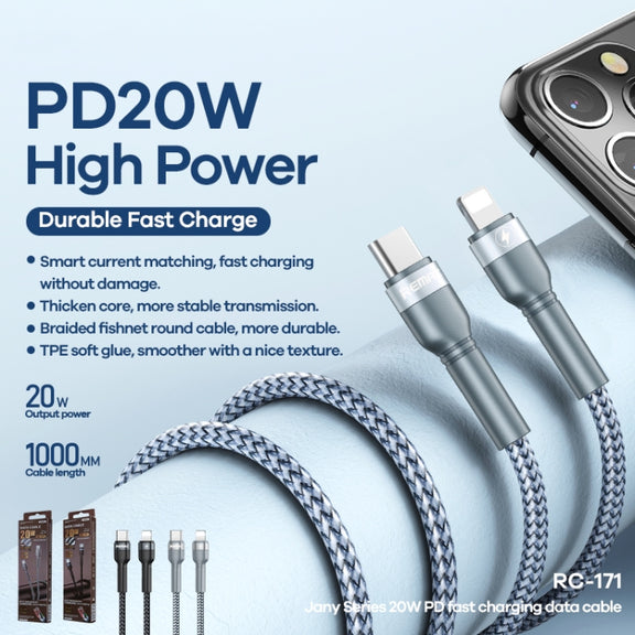 REMAX RC-171 Jany Series 1m PD20W USB to 8 Pin Aluminum Alloy Braid Fast Charging Data Cable (Black)