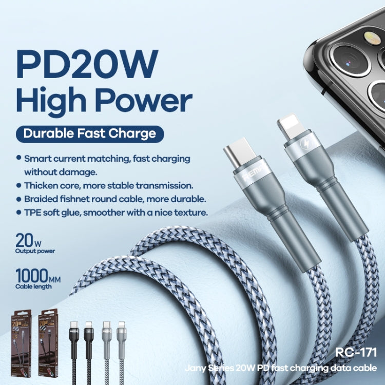 REMAX RC-171 Jany Series 1m PD20W USB to 8 Pin Aluminum Alloy Braid Fast Charging Data Cable (Black)