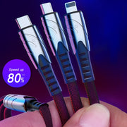 K051 1.2m 3 in 1 USB to 8 Pin + USB-C / Type-C + Micro USB Shark Fabric Data Cable(Black)