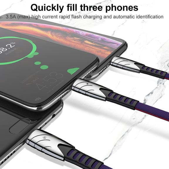 K051 1.2m 3 in 1 USB to 8 Pin + USB-C / Type-C + Micro USB Shark Fabric Data Cable(Blue)