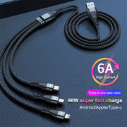 ADC-138 66W 3 in 1 USB to 8 Pin + Micro USB + USB-C / Type-C Fast Charging Braided Data Cable, Cable Length: 1.2m(Black)