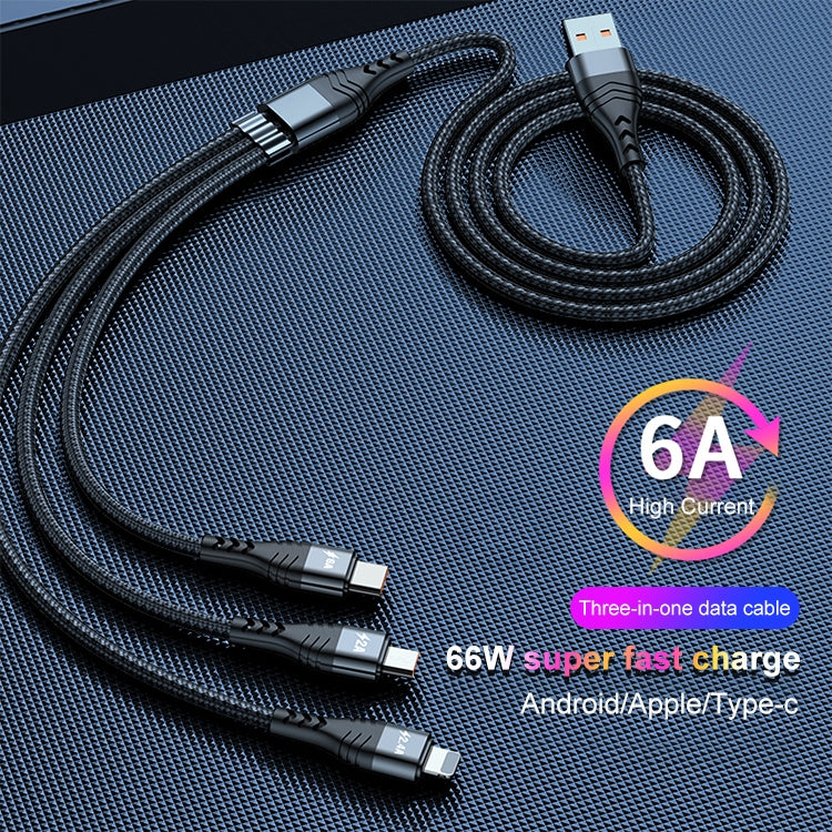 ADC-138 66W 3 in 1 USB to 8 Pin + Micro USB + USB-C / Type-C Fast Charging Braided Data Cable, Cable Length: 1.2m(Black)