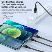 ADC-138 66W 3 in 1 USB to 8 Pin + Micro USB + USB-C / Type-C Fast Charging Braided Data Cable, Cable Length: 1.2m(Grey)
