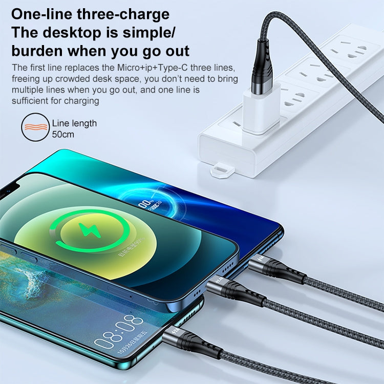 ADC-138 66W 3 in 1 USB to 8 Pin + Micro USB + USB-C / Type-C Fast Charging Braided Data Cable, Cable Length: 1.2m(Black)