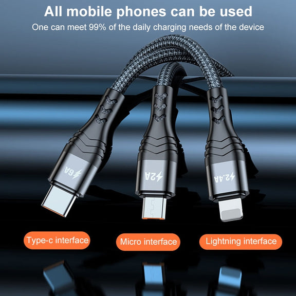 ADC-138 66W 3 in 1 USB to 8 Pin + Micro USB + USB-C / Type-C Fast Charging Braided Data Cable, Cable Length: 1.2m(Grey)