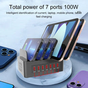 YFY-A54 100W USB + Type-C 5-Ports Smart Charging Station with Phone & Tablet Stand, UK Plug