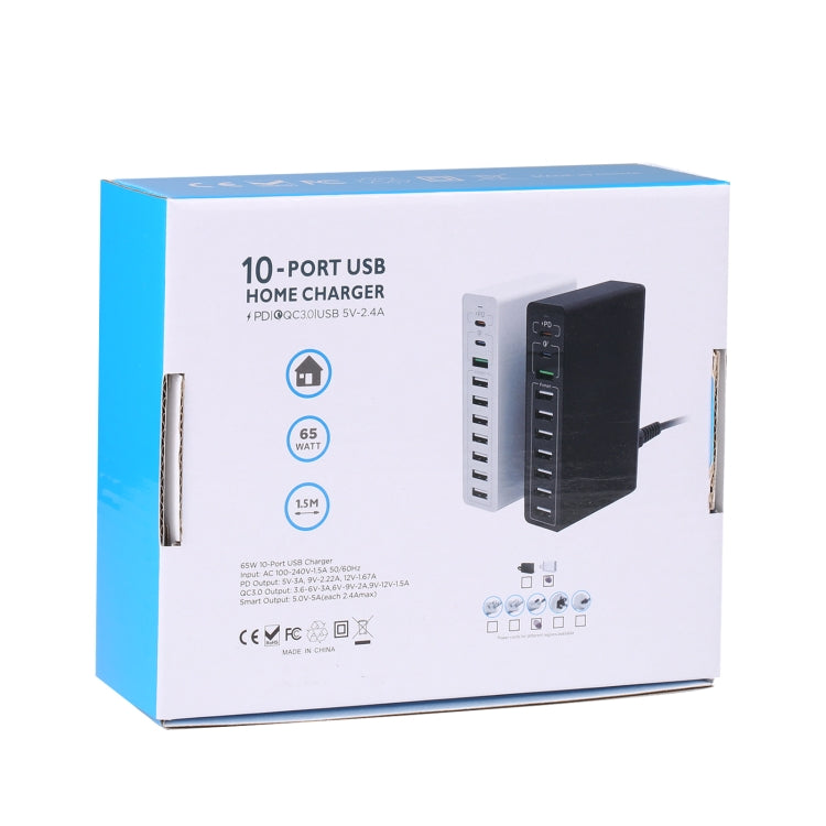 MFT-03Q 10 in 1 65W QC3.0 USB Smart Fast Charger, EU Plug(Black)