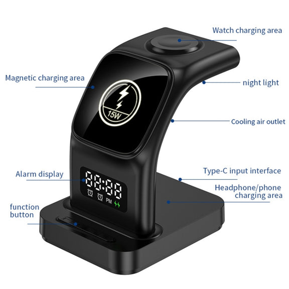 YP-HY05 15W 5 in 1 Magnetic Multifunctional Wireless Charger with Clock (Black)