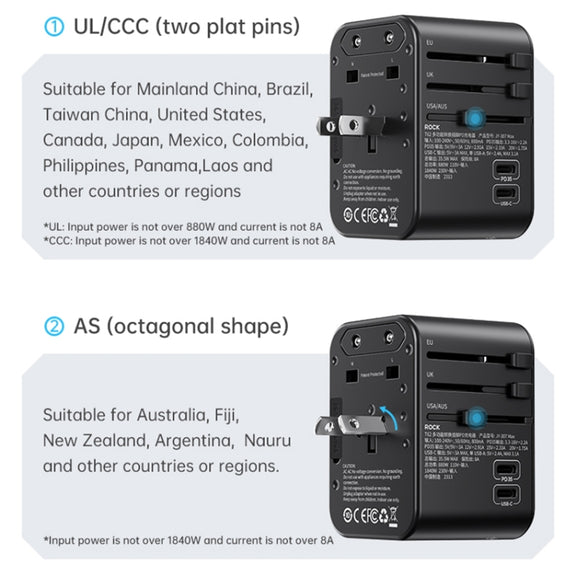 ROCK T62 35.5W Global Travel Multifunctional Plug PD Charger Power Adapter(Black)