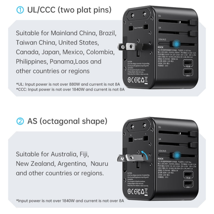 ROCK T62 35.5W Global Travel Multifunctional Plug PD Charger Power Adapter(Black)