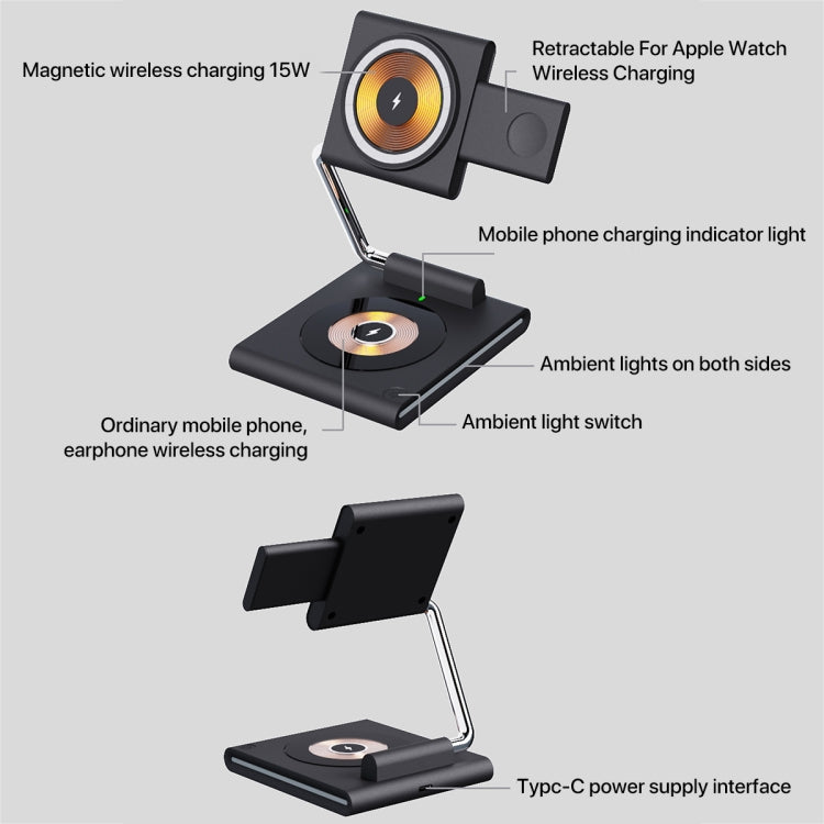 KTM8 15W 3 in 1 Portable Folding Magnetic Wireless Charger (Black)