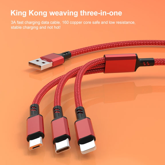 Orange Plug 3A 3 in 1 USB to Type-C / 8 Pin / Micro USB Fast Charging Cable, Cable Length: 1.2m(Blue)