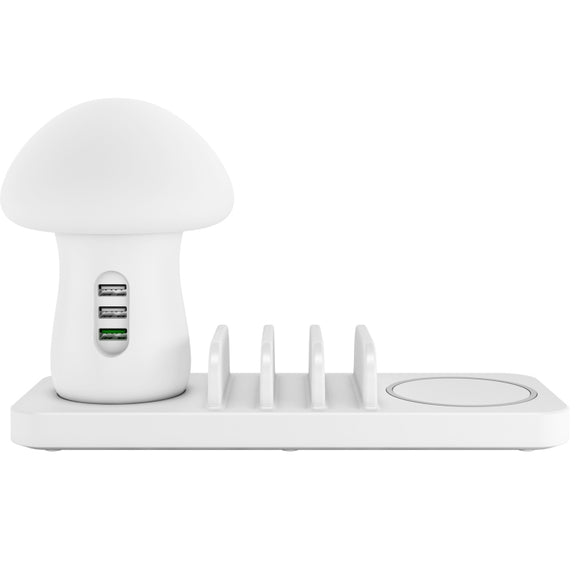 HQ-UD12 Universal 4 in 1 40W QC3.0 3 USB Ports + Wireless Charger Mobile Phone Charging Station with Mushroom Shape LED Light, Length: 1.2m, US Plug (White)