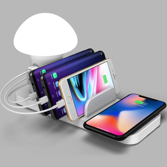 HQ-UD12 Universal 4 in 1 40W QC3.0 3 USB Ports + Wireless Charger Mobile Phone Charging Station with Mushroom Shape LED Light, Length: 1.2m, US Plug (White)