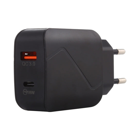 LZ-819A+C QC3.0 USB + PD 18W USB-C / Type-C Interfaces Travel Charger with Indicator Light, EU Plug (Black)