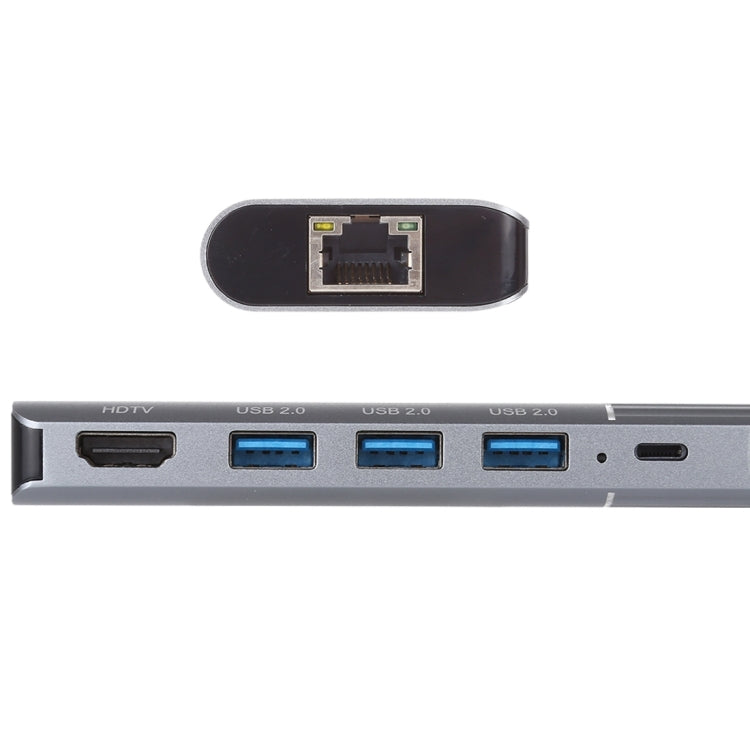 6 in 1 USB 2.0 x 3 + HDMI + RJ45 + 8 Pin Female Charging Port to 8 Pin Male Multi-function Dock Station Adapter - Converter & Adapter by PMC Jewellery | Online Shopping South Africa | PMC Jewellery | Buy Now Pay Later Mobicred