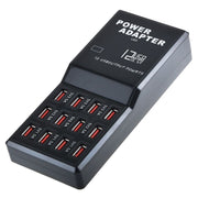 W-858 12A 12 Ports USB Fast Charging Dock Desktop Smart Charger AC100-240V, US Plug (Black)
