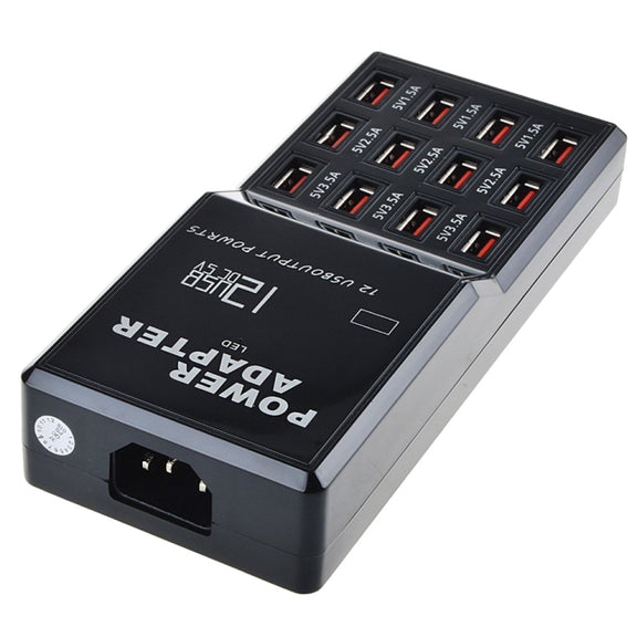 W-858 12A 12 Ports USB Fast Charging Dock Desktop Smart Charger AC100-240V, US Plug (Black)