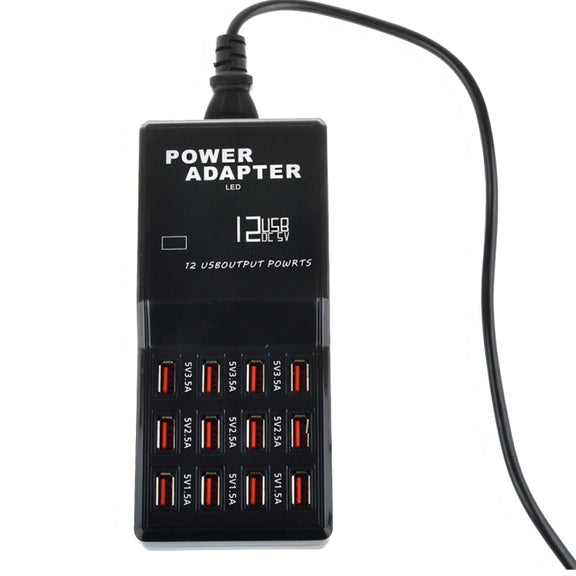 W-858 12A 12 Ports USB Fast Charging Dock Desktop Smart Charger AC100-240V, US Plug (Black)