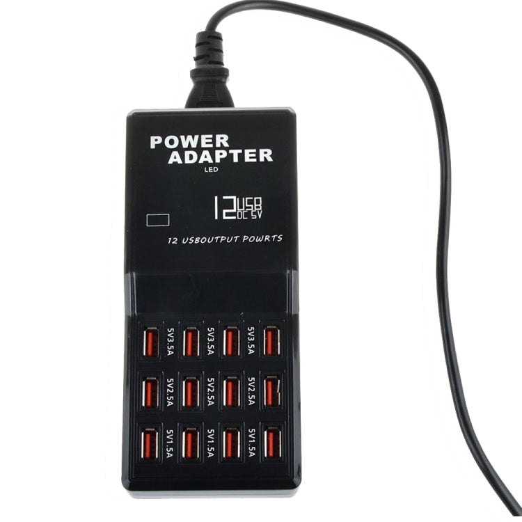 W-858 12A 12 Ports USB Fast Charging Dock Desktop Smart Charger AC100-240V, US Plug (Black)